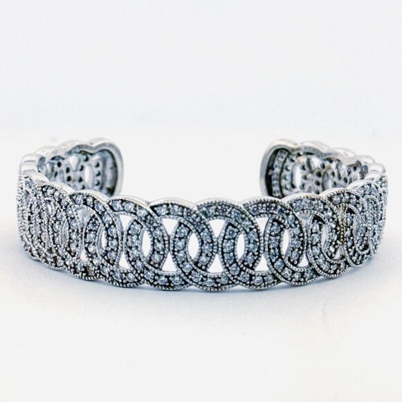 Vintage Sterling Silver 925 CZ Interlocking Circle Cuff Bangle Bracelet 39.5g - Picture 1 of 13